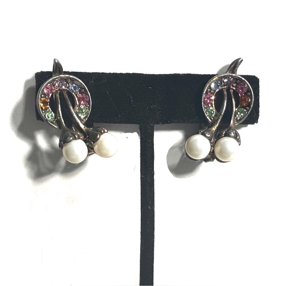 Vintage Clip On Colorful Rhinestone & Faux Pearl Earrings Mid Century Modern